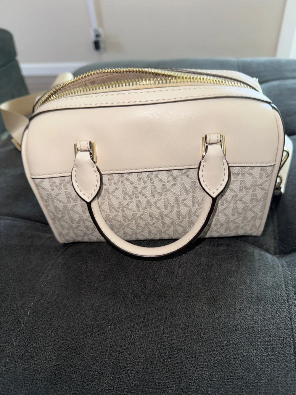 Michael Kors Cream and Beige Signature Mini Satchel with Gold Hardware